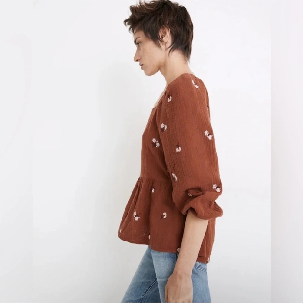 Madewell Amie Floral Embroidered Puff-Sleeve Peplum Top - Size Small